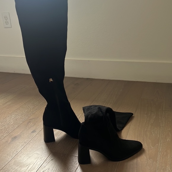 Zara Over The Knee Black Fabric Boots Block Heel with Gold Heel Accents Size 36 - Picture 10 of 10